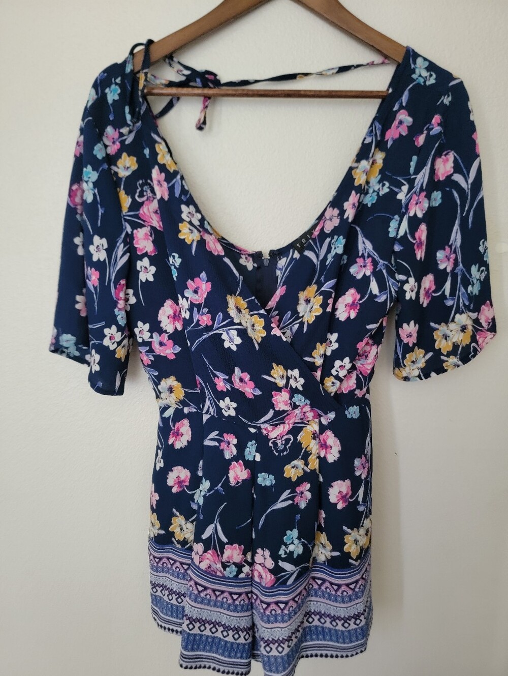 Trixxi Navy Blue Floral Surplice Neckline Romper